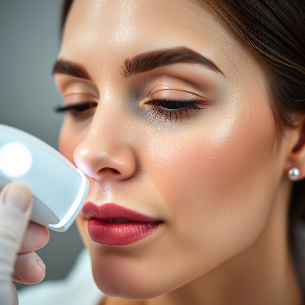 Close-up shot of a woman's face being analyzed with a sophisticated skin analysis device. Soft, diffused lighting to showcase skin texture and details. The device is gently touching her skin, emitting a subtle glow. The background is blurred, creating a sense of clinical precision and care. The color palette is clean and modern, with a focus on neutral tones. Style reference: Skincare clinic photography with a focus on technology and results.