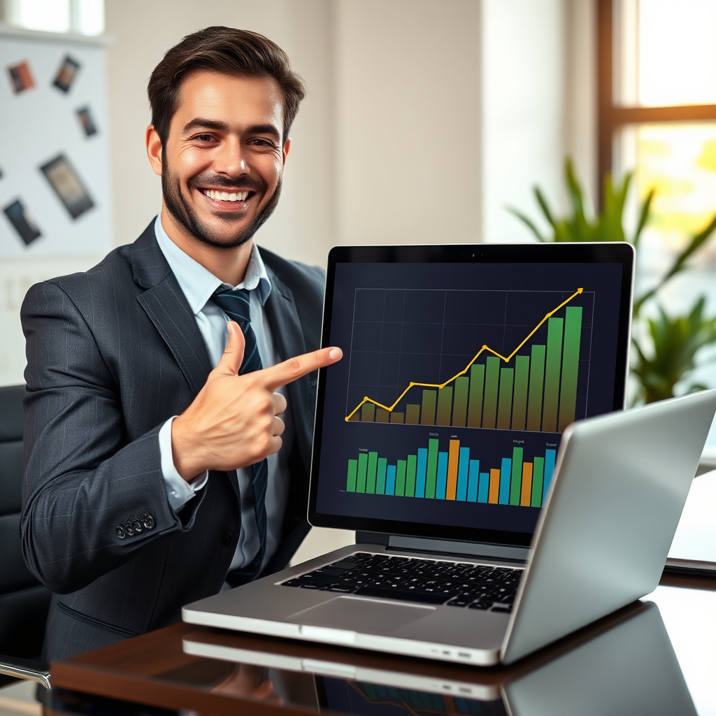 A business owner smiling and pointing at a graph showing significant revenue growth. The graph should be displayed on a laptop screen. The environment should be a professional office setting. The lighting should be optimistic and empowering. The overall style should be successful and motivating. Aim for a 4K resolution.