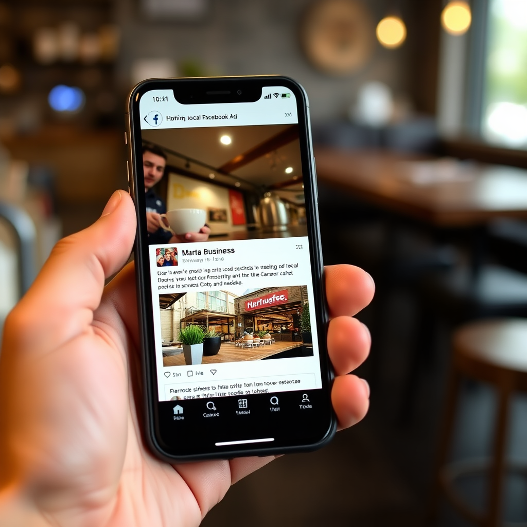 A close-up shot of a smartphone displaying a highly engaging Facebook ad. The ad should feature a local business with a clear call to action. The phone should be held in a hand with a blurred background of a coffee shop. The lighting should be warm and inviting, with a focus on the screen's display. The overall style should be modern and relatable. Aim for a 4K resolution.