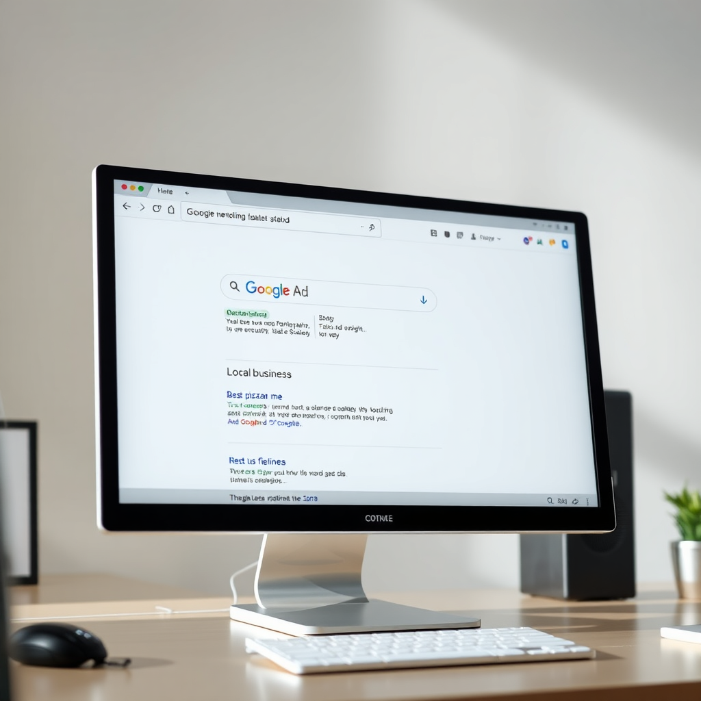 A computer screen displaying Google search results with a prominent Google Ad at the top. The search query should be relevant to a local business, such as 'best pizza near me'. The lighting should be bright and professional. The overall style should be clean and informative. Aim for a 4K resolution.
