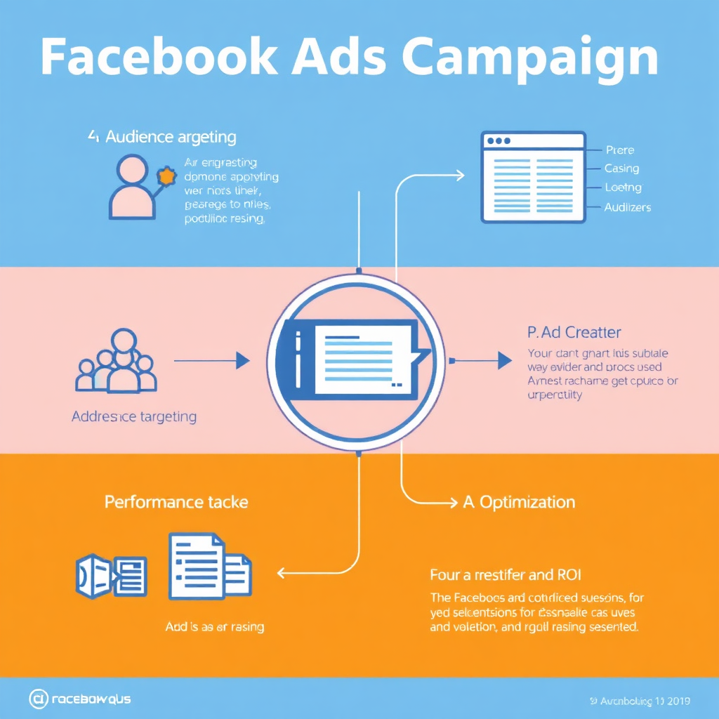 A dynamic graphic showcasing the process of a Facebook Ads campaign: audience targeting, ad creation, performance tracking, and optimization. The graphic features icons representing each stage of the process, connected by lines to illustrate the workflow. The color scheme is vibrant and energetic, with a focus on results and ROI. The overall impression is one of efficiency and effectiveness.