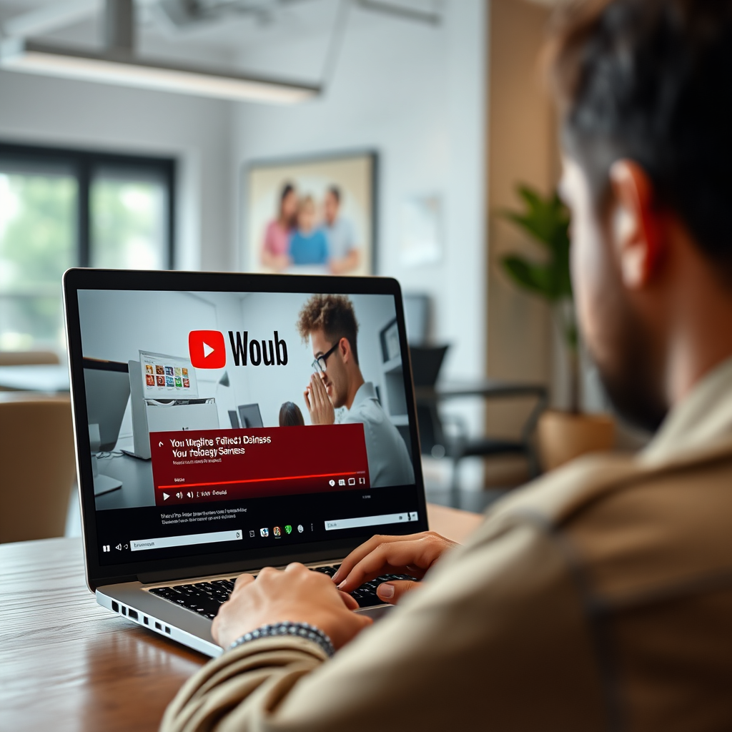 A person watching a YouTube ad on a laptop. The ad should be visually appealing and relevant to a local business. The environment should be a modern office space. The lighting should be natural and comfortable. The overall style should be relatable and engaging. Aim for a 4K resolution.
