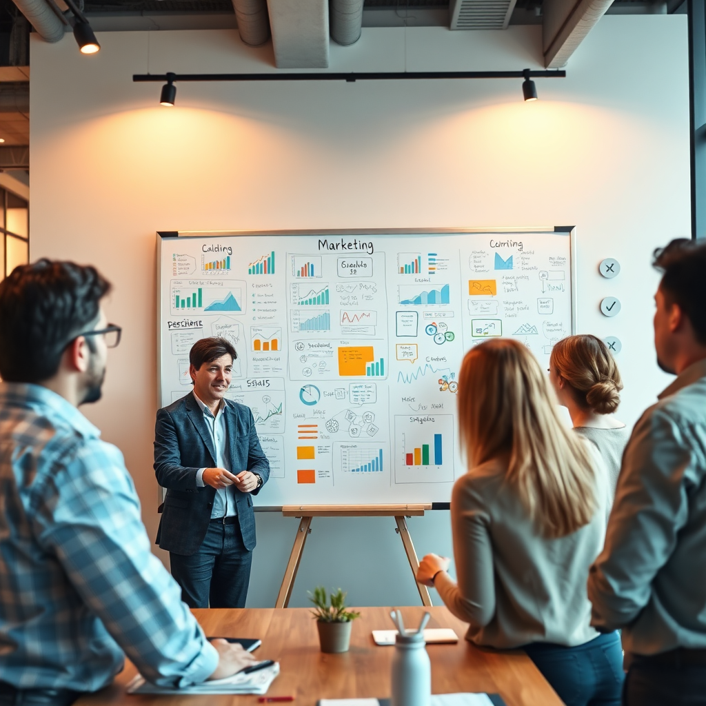 A photorealistic image depicting a team brainstorming marketing strategies in a modern office. The focus is on a whiteboard filled with charts, graphs, and ideas. The lighting is warm and inviting, creating a collaborative atmosphere. The color palette is professional and inspiring, with a mix of blues, greens, and oranges. The camera angle is medium, capturing the interaction and collaboration of the team. Style: Modern and collaborative, reminiscent of a high-end marketing agency. Technical specs: 4K resolution, hyperrealistic textures.