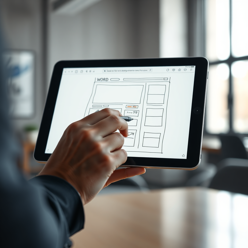 A photorealistic image depicting a detailed wireframe of a website being sketched on a digital tablet by a designer. The background is blurred, showcasing a modern office environment. The lighting is soft and diffused, highlighting the details of the sketch. The color palette is muted, with accents of blue and orange. The camera angle is close-up, focusing on the designer's hand and the tablet screen. The style is minimalist and professional, emphasizing the creative process and attention to detail. The overall impression should convey expertise and personalization. Technical specifications: 4K resolution, high quality, with focus on textures.