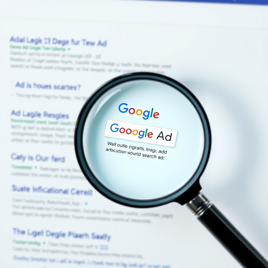 A photorealistic image depicting a magnifying glass over Google search results, highlighting a prominent Google Ad. The focus should be on the ad copy and the relevant search query. The scene should be well-lit and professional. Aim for a clear and concise visual representation.