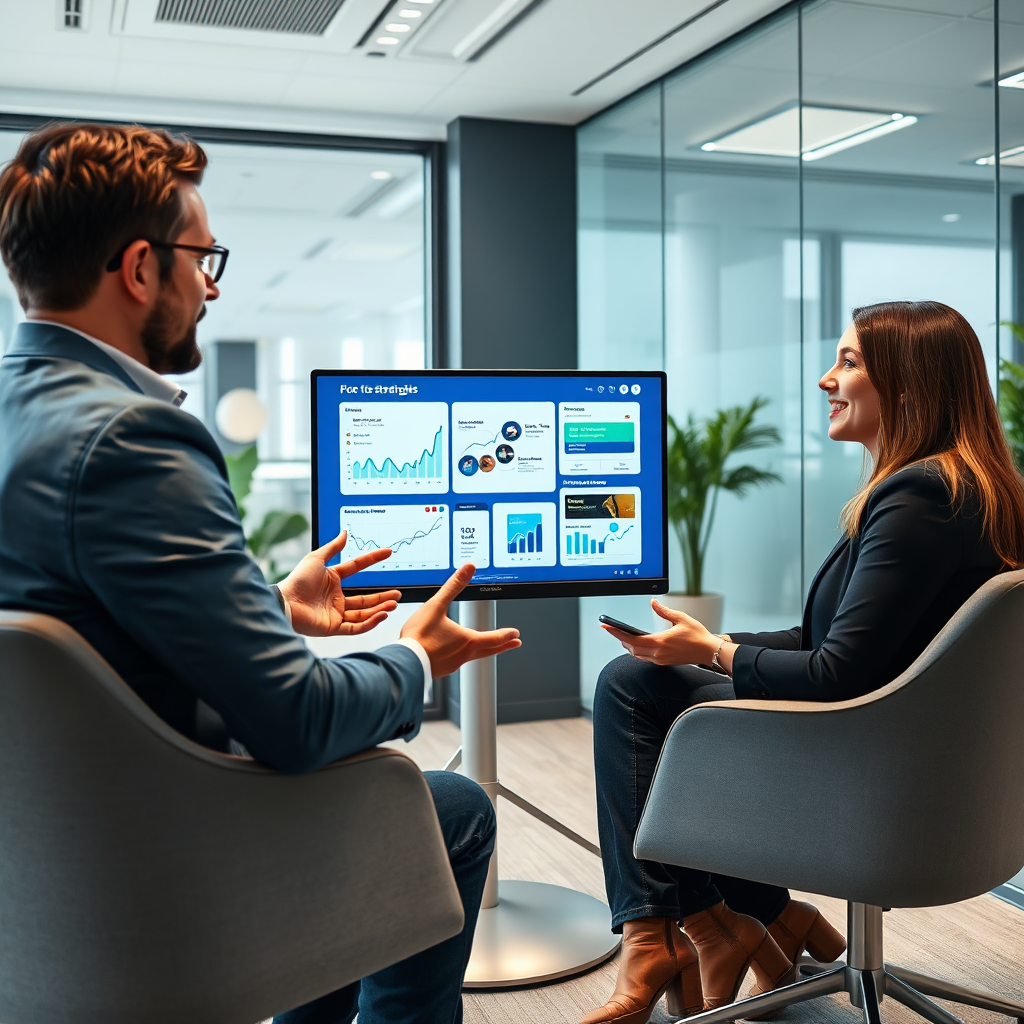 A photorealistic image depicting a one-on-one consultation in a modern office. A consultant is explaining strategies to a client using a digital display showcasing website analytics and design options. The lighting is soft and professional, enhancing the collaborative atmosphere. The color palette is neutral and inviting, with accents of blue and green to represent trust and growth. The camera angle is medium, focusing on the interaction between the consultant and the client. The style emphasizes professionalism, expertise, and personalized attention. Technical specifications: 4K resolution, high quality, with focus on facial expressions and details.