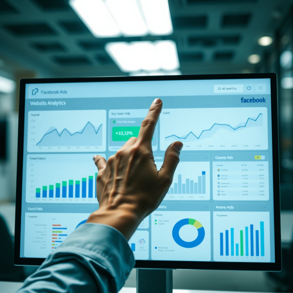 A photorealistic image of a digital dashboard displaying website analytics and Facebook Ads metrics. The dashboard is filled with charts, graphs, and key performance indicators (KPIs). A hand is hovering over the screen, interacting with the data. The background is a blurred office environment, hinting at a data-driven approach. The color palette is professional and analytical, with blues, grays, and greens. The lighting is bright and focused, highlighting the data and metrics.