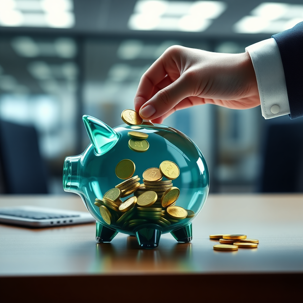 A photorealistic image of a hand placing coins into a digital piggy bank, symbolizing efficient budget management. The piggy bank is transparent, allowing viewers to see the coins accumulating inside. The background is a blurred office environment, hinting at financial planning and optimization. The color palette is professional and trustworthy, with blues, greens, and golds. The lighting is soft and diffused, creating a sense of security and financial stability.