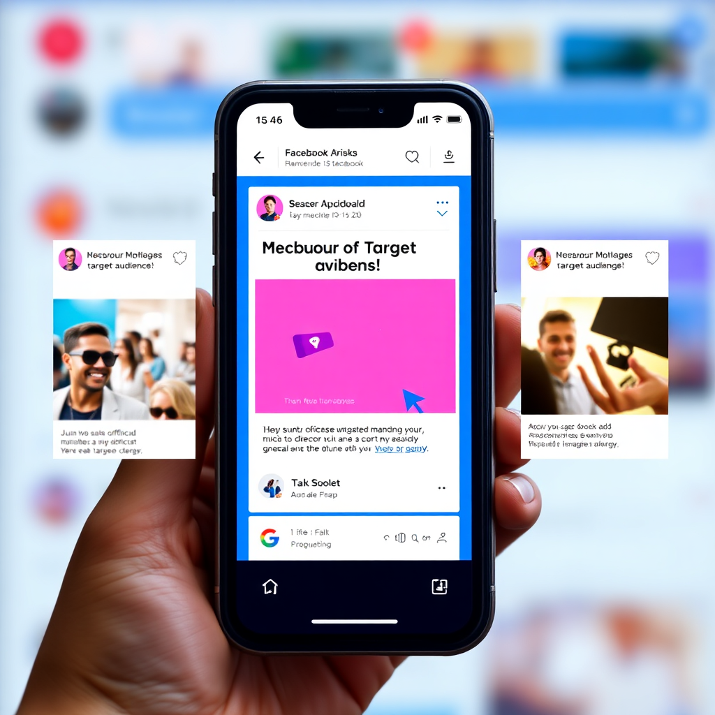 A photorealistic image of a series of Facebook ads displayed on a smartphone screen. Each ad is tailored to a different target audience, with unique visuals and messaging. The background is a blurred social media feed, highlighting the ads' context. The color palette is bright and engaging, with a mix of colors that reflect the diversity of the target audiences. The lighting is soft and diffused, creating a welcoming atmosphere.