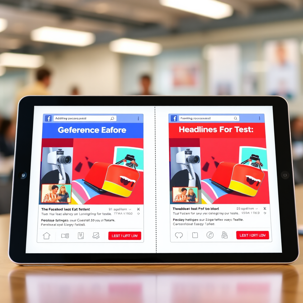 A photorealistic image of two different versions of a Facebook ad displayed side-by-side on a tablet screen. The image highlights the differences between the two ads, such as headlines, visuals, and calls to action. The background is a blurred office environment, hinting at experimentation and optimization. The color palette is bright and engaging, with a mix of colors that reflect the creativity of the testing process.