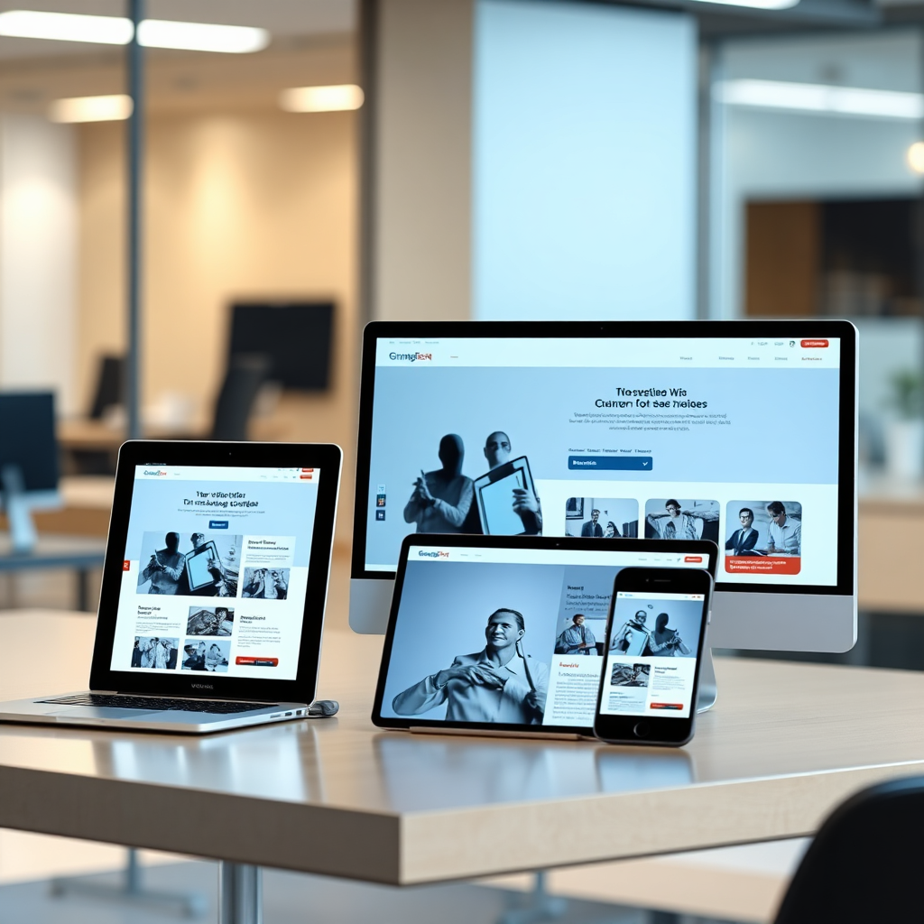 A photorealistic image showing a responsive website displayed on multiple devices (desktop, laptop, tablet, smartphone). The website interface adapts seamlessly to each screen size. The lighting is natural and consistent across all devices. The background is blurred, suggesting a modern office environment. The color palette is clean and professional. The camera angle is medium shot, capturing all devices in focus. The style emphasizes versatility and adaptability. Technical specifications: 4K resolution, high quality, with sharp screen details.