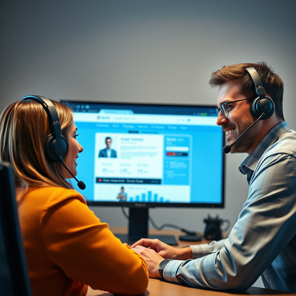 A photorealistic image showing a customer support representative assisting a client via video call. The representative is friendly and helpful, providing technical guidance. The website interface is displayed on the representative's screen, showcasing the issue being resolved. The lighting is professional and inviting. The color palette is calm and reassuring, using blues and greens. The camera angle is medium, focusing on the interaction between the representative and the client. The style emphasizes reliability, expertise, and customer satisfaction. Technical specifications: 4K resolution, high quality, with focus on facial expressions and screen details.