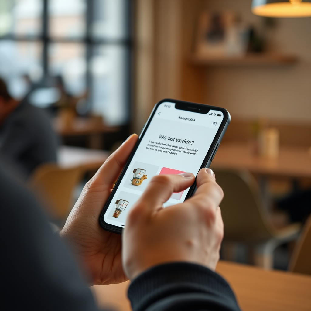 A photorealistic image showing a person navigating a website on their smartphone. The website interface is clean, user-friendly, and visually appealing. The lighting is soft and natural, simulating everyday use. The background is blurred, suggesting a coffee shop or co-working space. The color palette is warm and inviting. The camera angle is slightly above, capturing the user's hand and the smartphone screen. The style emphasizes ease of use, accessibility, and visual appeal. Technical specifications: 4K resolution, high quality, with focus on details and screen clarity.
