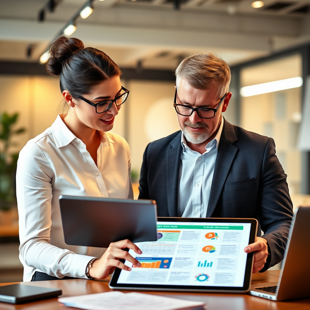 A professional consultant providing guidance to a business owner. The scene takes place in a modern office environment, with both individuals looking at a digital marketing plan displayed on a tablet. The lighting is warm and inviting, creating a sense of trust and collaboration. The color scheme is professional and trustworthy, with a focus on communication and partnership.