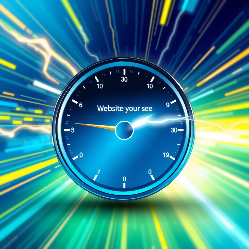 A stylized image depicting a website loading at lightning speed. A speedometer shows maximum speed, with streaks of light indicating rapid data transfer. The background is abstract, representing the digital world. The color palette is bright and energetic, using blues, greens, and yellows. The lighting is dynamic and focused. The composition emphasizes speed and efficiency. The style is modern and tech-inspired. Technical specifications: 4K resolution, high quality, with smooth gradients and sharp lines.