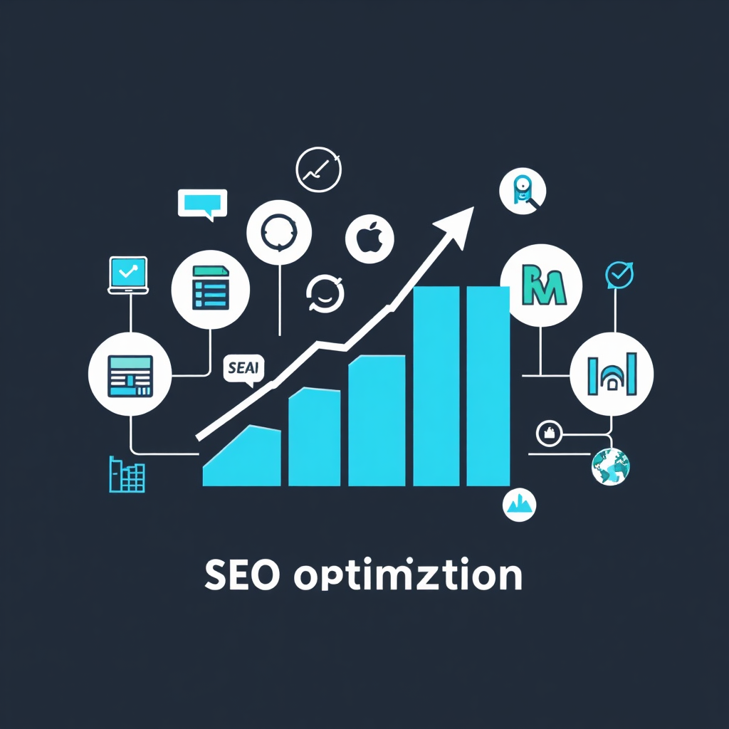 A stylized image representing SEO optimization. Visualize a graph with an upward trending line, symbolizing increased traffic and conversions. The graph is surrounded by icons representing keywords, search engines, and analytics tools. The color palette is professional and data-driven, with blues, grays, and greens. The lighting is sharp and focused, highlighting the data and metrics. The overall style is modern and tech-focused.