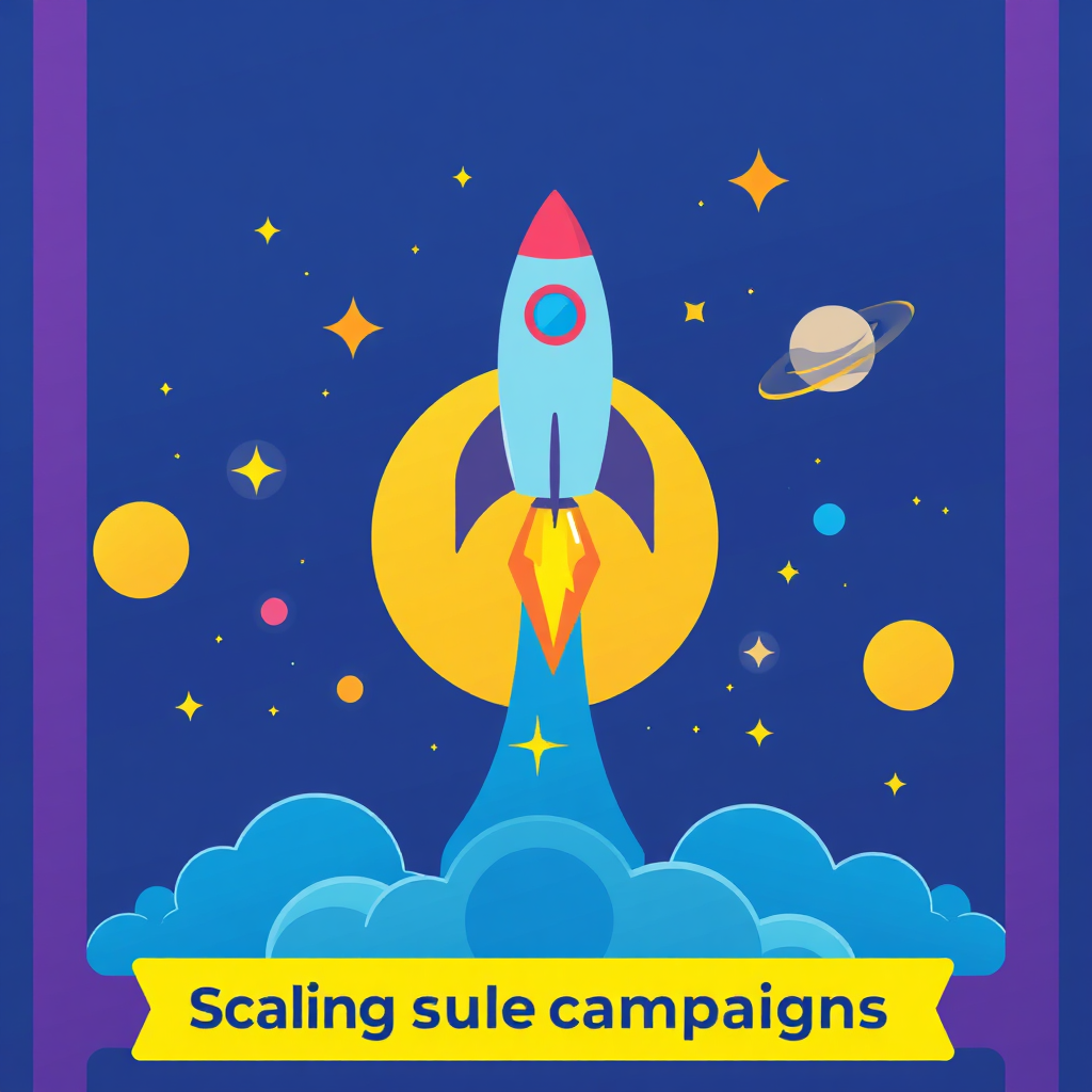 A stylized image representing the scaling of successful campaigns. Visualize a rocket launching into space, symbolizing growth and expansion. The rocket is surrounded by stars and planets, representing new opportunities and markets. The color palette is vibrant and aspirational, with blues, purples, and golds. The overall style is modern and futuristic.