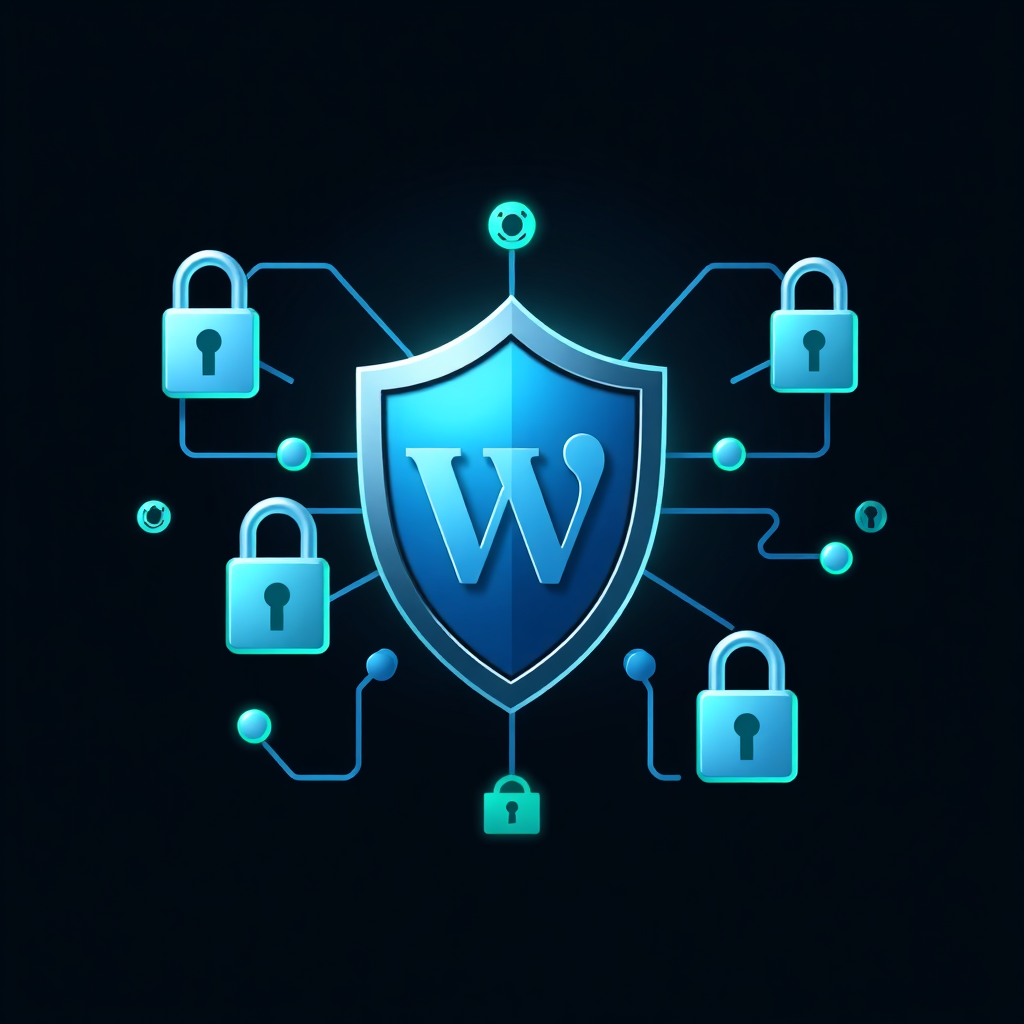 A stylized image representing website security. The central element is a shield protecting a website icon. Digital locks and encryption symbols surround the shield, symbolizing data protection. The color palette is dark and secure, using blues and greens. The lighting is focused on the shield, emphasizing its protective function. The composition emphasizes safety and reliability. The style is modern and tech-inspired. Technical specifications: 4K resolution, high quality, with clean lines and detailed symbols.
