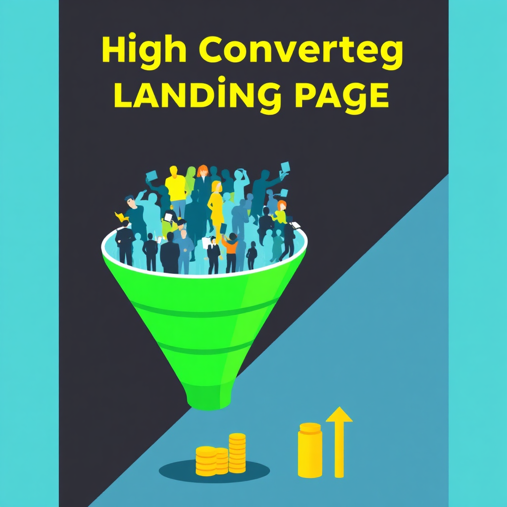 A stylized image representing a high-converting landing page. Visualize a funnel, with a large number of visitors entering at the top and a smaller number of qualified leads and sales emerging at the bottom. The funnel is brightly lit, symbolizing optimization and efficiency. The color palette is vibrant and results-oriented, with greens, blues, and yellows. The overall style is modern and clean, with a focus on conversion.