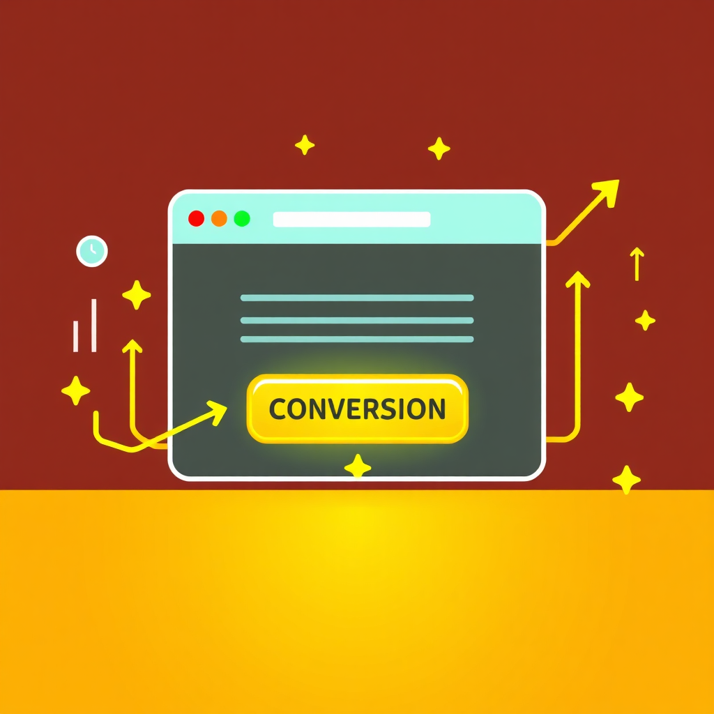 A stylized image representing website conversions. The central element is a website interface with a clear call-to-action button. Data streams and arrows indicate the flow of visitors towards the button. The color palette is vibrant and engaging, using greens, yellows, and oranges. The lighting is focused on the call-to-action button. The composition emphasizes conversion optimization and user engagement. The style is modern and infographic-like. Technical specifications: 4K resolution, high quality, with clean lines and sharp details.