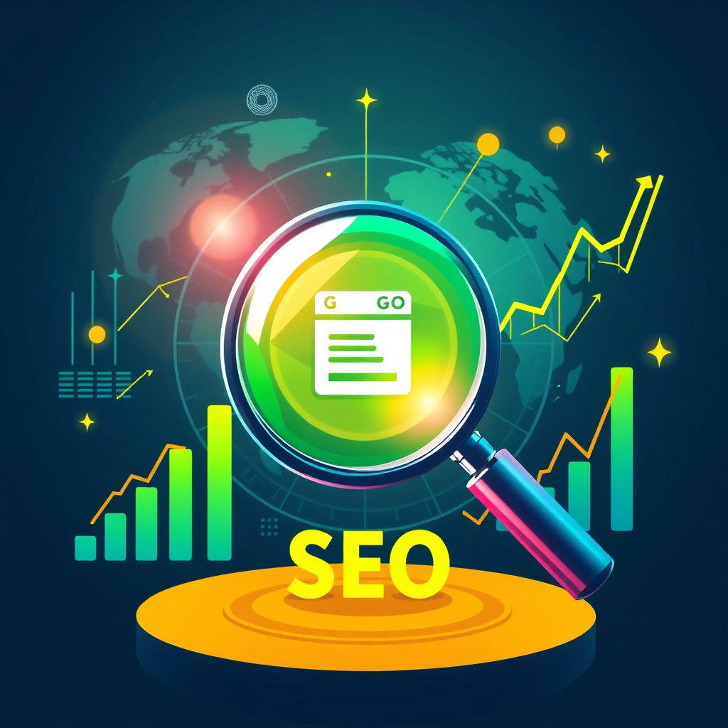 A stylized image representing SEO optimization. The central element is a magnifying glass focusing on a website icon, surrounded by data streams and graphs indicating increased traffic and rankings. The color palette is bright and energetic, with a mix of greens, blues, and yellows. The lighting is dynamic and focused, emphasizing the search engine results. The composition emphasizes global reach and targeted marketing. The style is modern and infographic-like. Technical specs: 4K resolution, clean lines, sharp details.