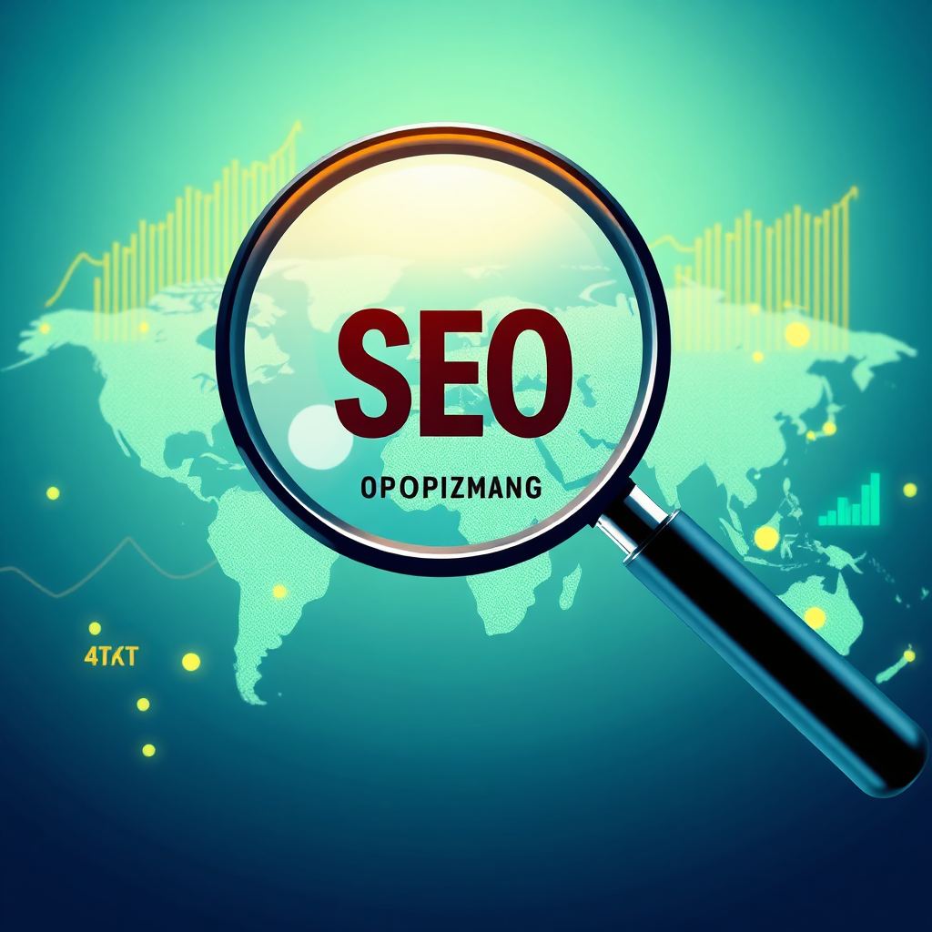 A stylized image representing SEO optimization. The central element is a magnifying glass hovering over a world map, highlighting key locations. Data streams and charts overlay the map, visualizing the increase in traffic. The color palette blends greens, blues, and yellows to represent growth and analytics. The lighting is bright and focused. The composition emphasizes global reach and targeted marketing. The style is modern and infographic-like. Technical specifications: 4K resolution, high quality, with clean lines and sharp details.