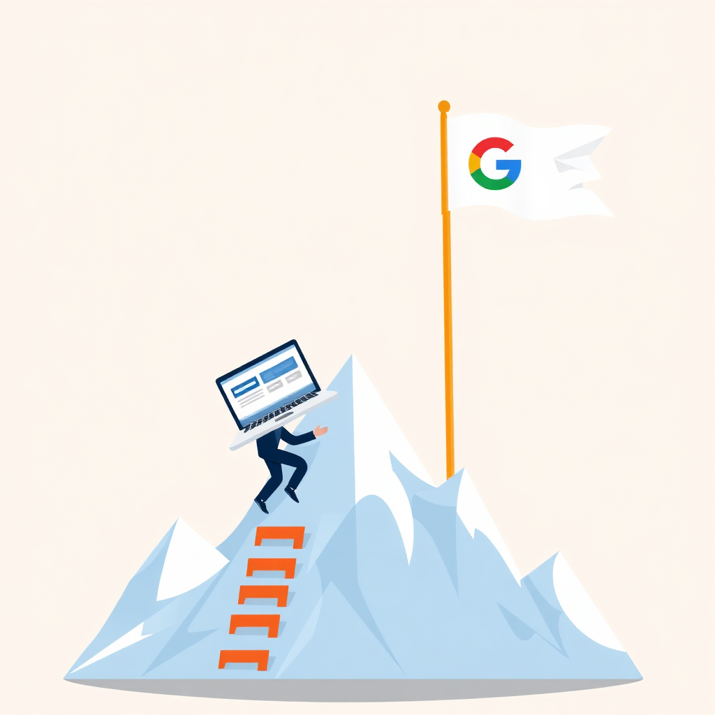 A stylized image showing a website climbing a mountain towards a flag with the Google logo on it. The mountain should be represented as a bar graph, with each bar representing different SEO factors. The scene should be brightly lit with a sense of achievement. Aim for a modern and clean design.