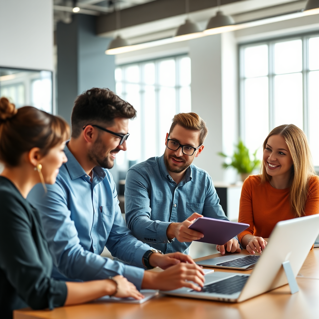 A team of digital marketing experts collaborating in a modern office space. They should be discussing strategies and analyzing data. The lighting should be collaborative and engaging. The overall style should be professional and dynamic. Aim for a 4K resolution.