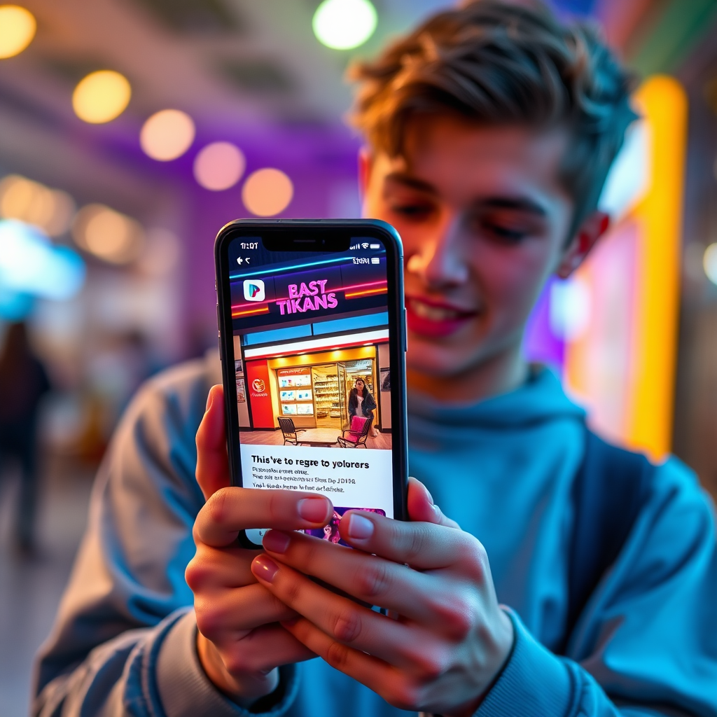 A young person scrolling through TikTok on their phone, with a vibrant and engaging ad displayed. The ad should feature a local business and use trendy visual elements. The lighting should be bright and energetic. The overall style should be playful and modern. Aim for a 4K resolution.