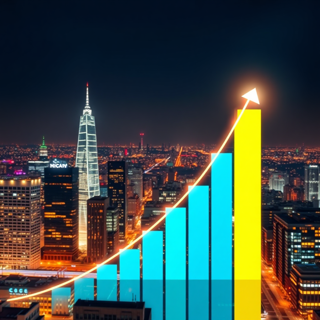 An ascending graph representing the growth of website traffic due to SEO optimization. The graph should be overlaid on a cityscape background. The lighting should be dynamic and optimistic. The overall style should be professional and aspirational. Aim for a 4K resolution.