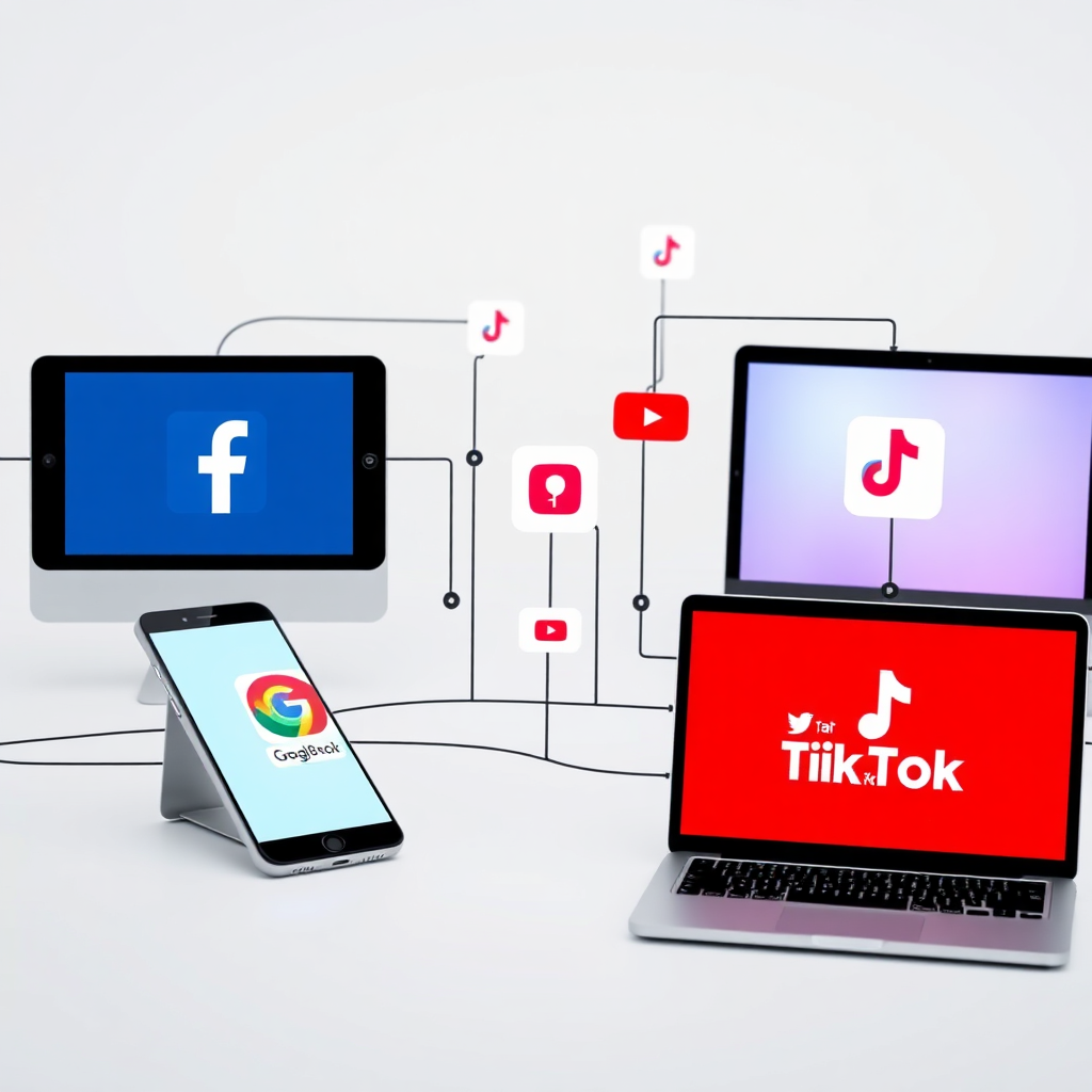 An interconnected network of devices (smartphones, laptops, tablets) displaying icons of Facebook, Google, YouTube, and TikTok. Data streams should flow between the devices, symbolizing an integrated digital marketing strategy. The background should be clean and modern. The lighting should be even and professional. The overall style should be cohesive and innovative. Aim for a 4K resolution.