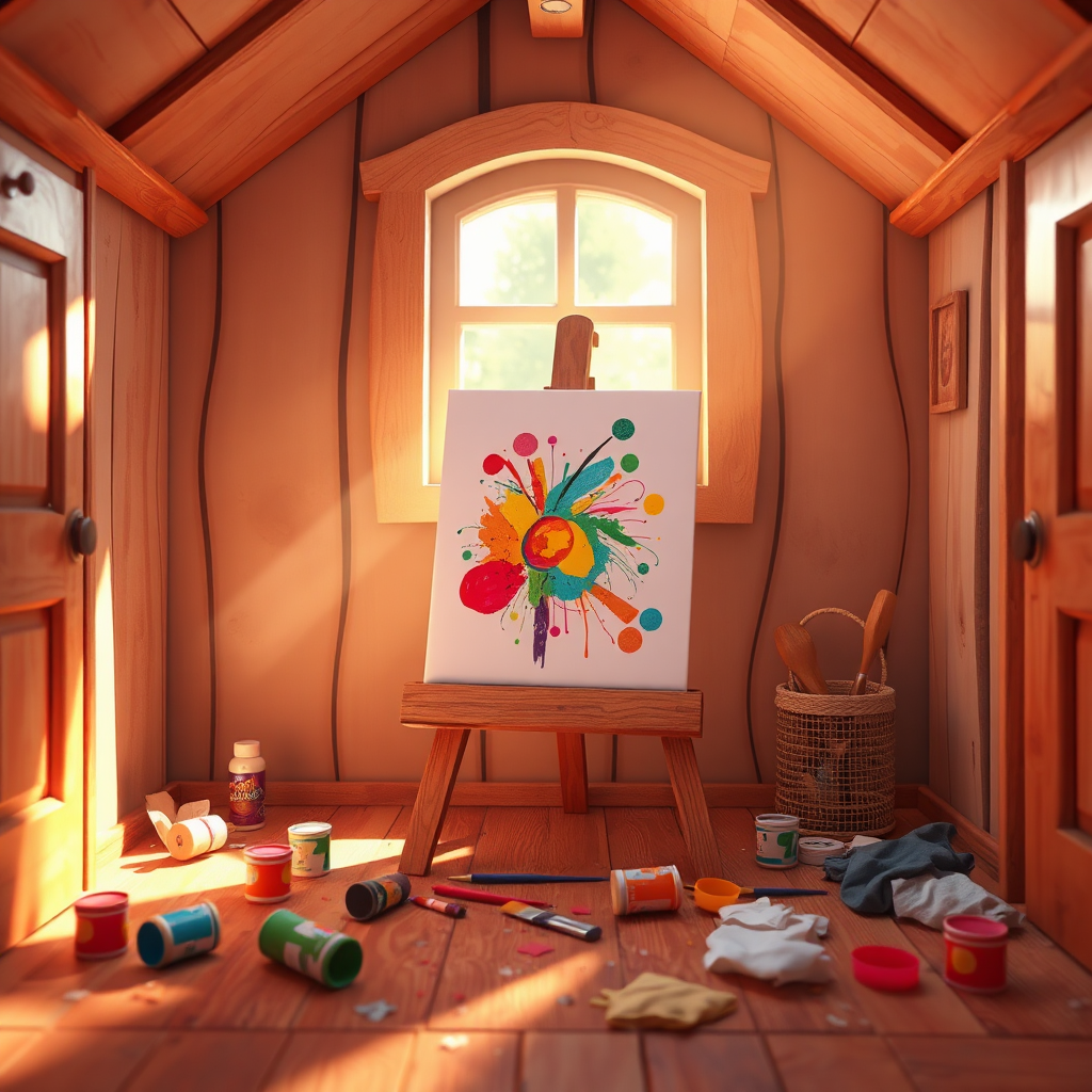 Interior of the hut showing an easel