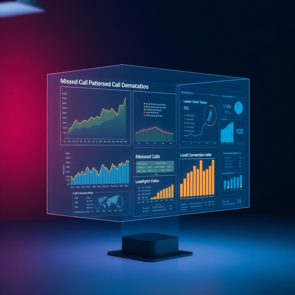 A 3D holographic projection displaying complex data visualizations related to missed call patterns and lead conversion rates. The data is presented in an engaging and interactive format, allowing users to explore different metrics and insights. The lighting is cool and professional, emphasizing the analytical nature of the AI.