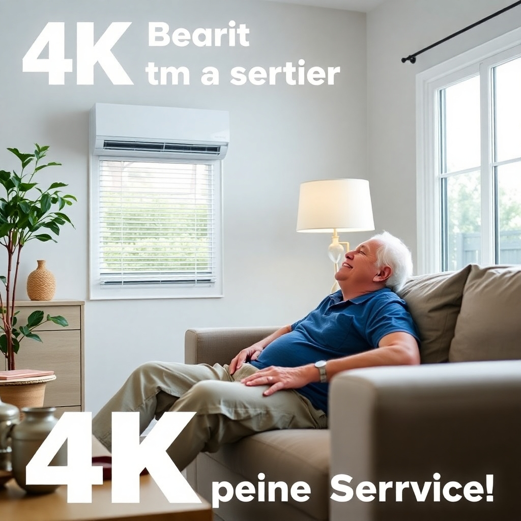 A 4K photorealistic image of a Cedar Park resident happily relaxing at home in front of a working AC, thanks to our quick and efficient repair service. Emphasize comfort and relief in the image. Use a calm color palette with natural lighting.