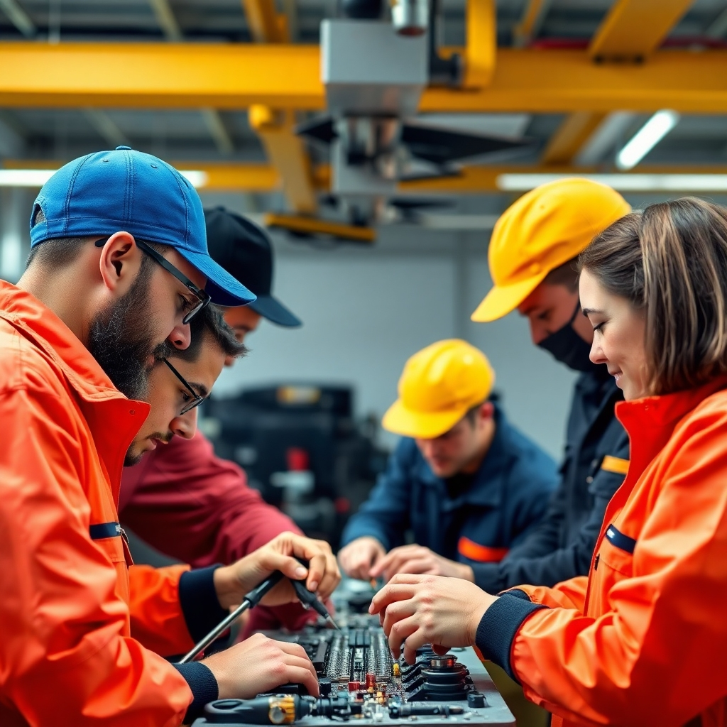 A 4K stylized image depicting diverse and highly trained technicians working on a repair. Use bright and upbeat colors to project efficiency and expertise.  Style should be clean and modern. Include close-up shots of tools and components to highlight the level of precision. Focus on trust and reliability, conveying the message that our technicians are skilled and professional.