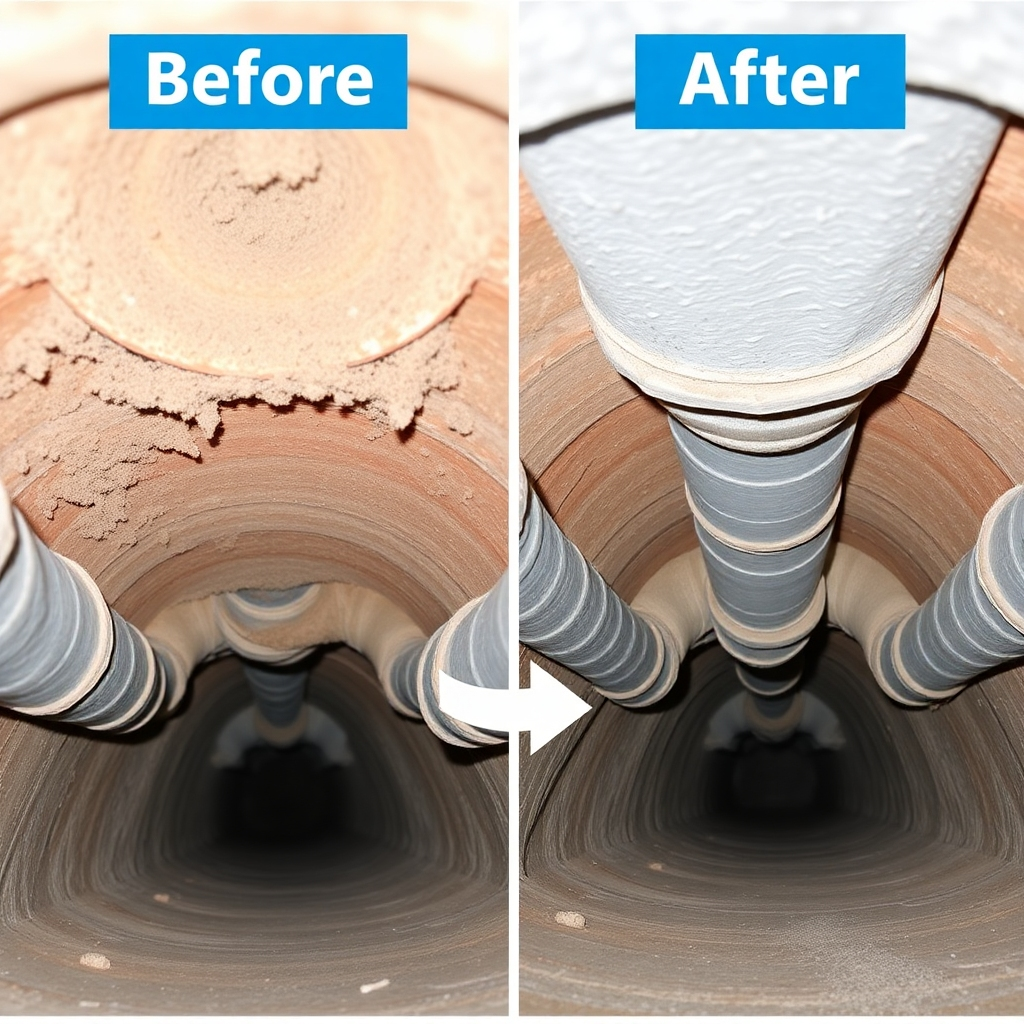 A before-and-after photorealistic image showcasing the visible difference in the cleanliness of air ducts. The before image should clearly depict the dust and grime within the ductwork, whereas the after image should show the cleanliness of the ducts after servicing. 
