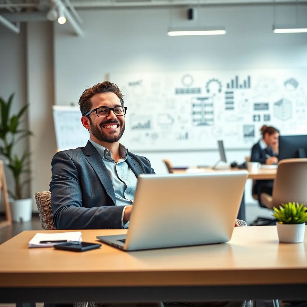 A business owner sitting at a desk, relaxed and smiling. The business owner is using a laptop and has a smartphone in their hand. The background is a bright, modern office space, with a whiteboard filled with ideas and a team working in the background. The overall feel of the image should be professional, confident, and focused on success.