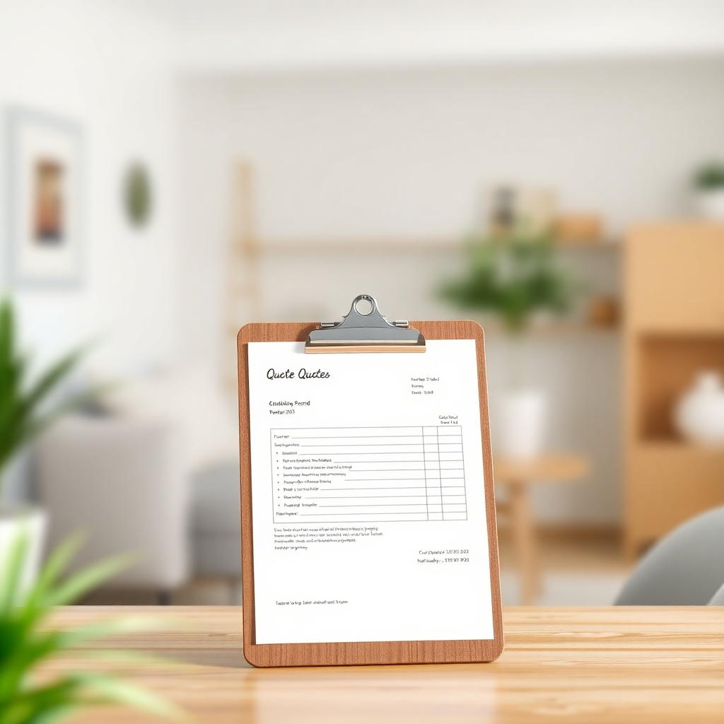 A clean and professional image showcasing a clipboard with a quote form. The background is blurred, suggesting a home environment. The image should convey transparency and ease of understanding. Style: Clean, professional, and transparent. Technical specs: High resolution, realistic rendering.