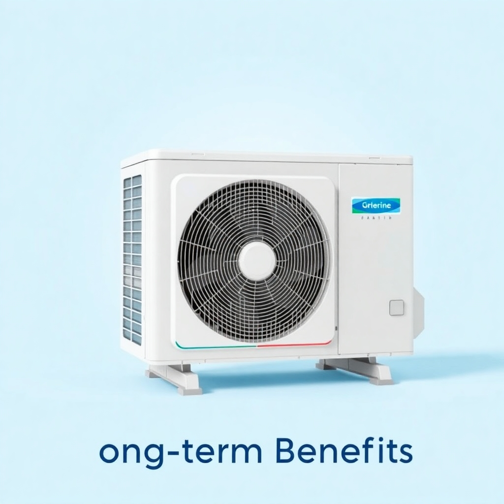 A clean, well-maintained AC unit, set against a crisp background. Use vibrant colors, emphasizing cleanliness and efficiency. The style should resemble a modern advertisement, conveying efficiency and long-term benefits.