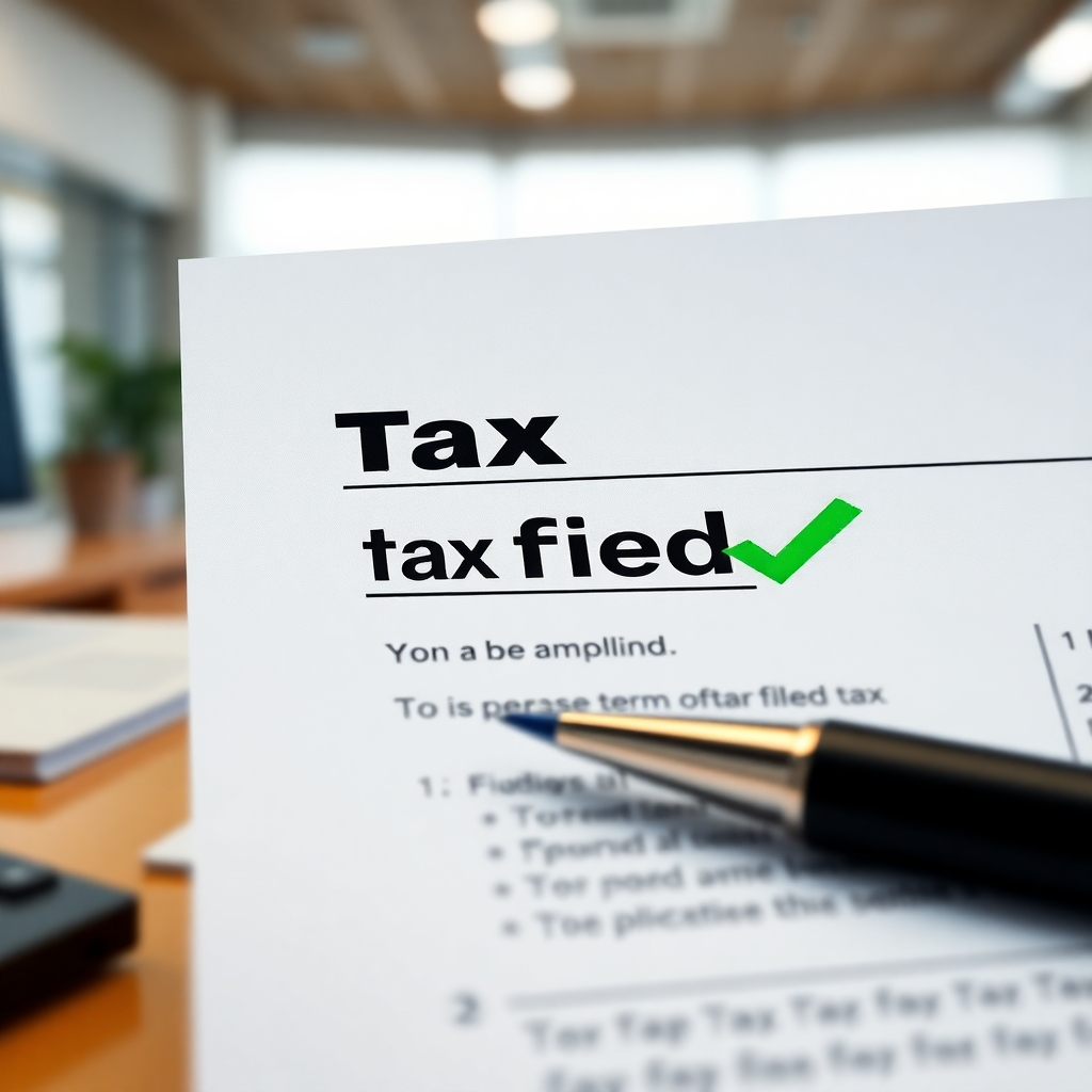 A close-up image of a digital tax document, with a prominent green checkmark beside the “filed” status. The background should be a clean, professional office setting, highlighting the importance of accuracy and efficiency. The image should convey a sense of completion, security, and peace of mind.
