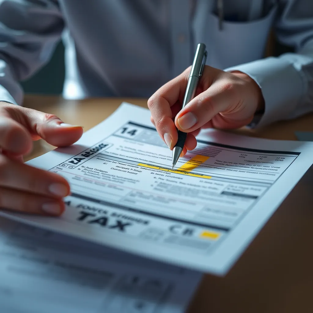 A close-up image of a tax professional carefully reviewing a tax document, highlighting specific sections with a pen. The image should emphasize accuracy and attention to detail, creating a sense of security and expertise.