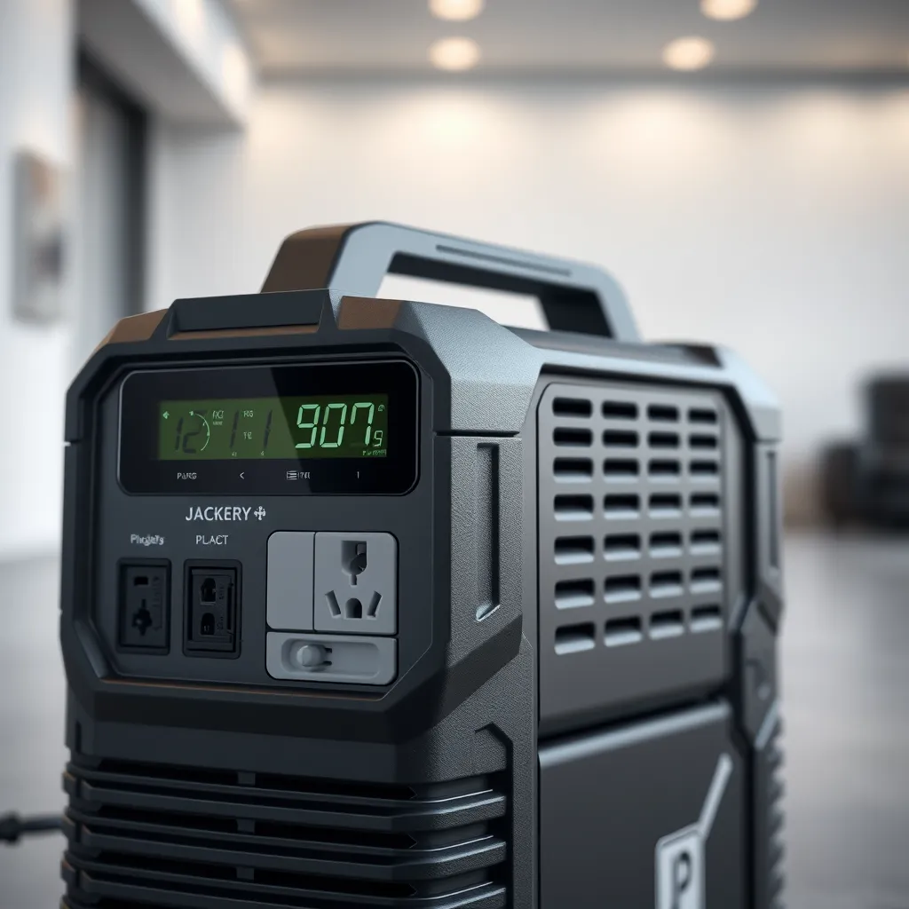A close-up image of the Jackery 2000 Plus Kit with its sleek and rugged design. The image should focus on the LCD display, AC outlets, USB ports, and the overall aesthetic of the power station. The background should be a minimalistic, modern setting to highlight the product's features.