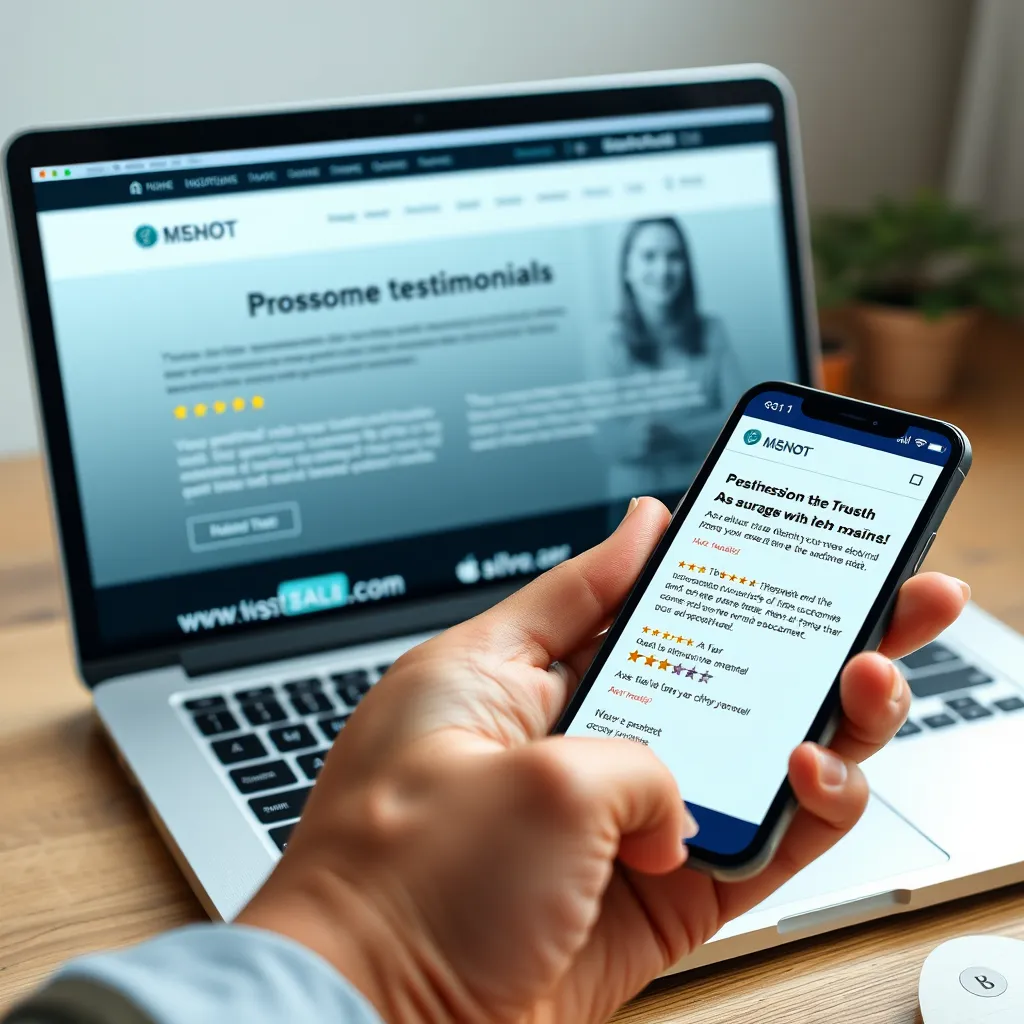 A close-up of a laptop screen displaying a professional website with positive customer testimonials and reviews, with a hand holding a smartphone showing the same website, emphasizing the trust and credibility it builds.