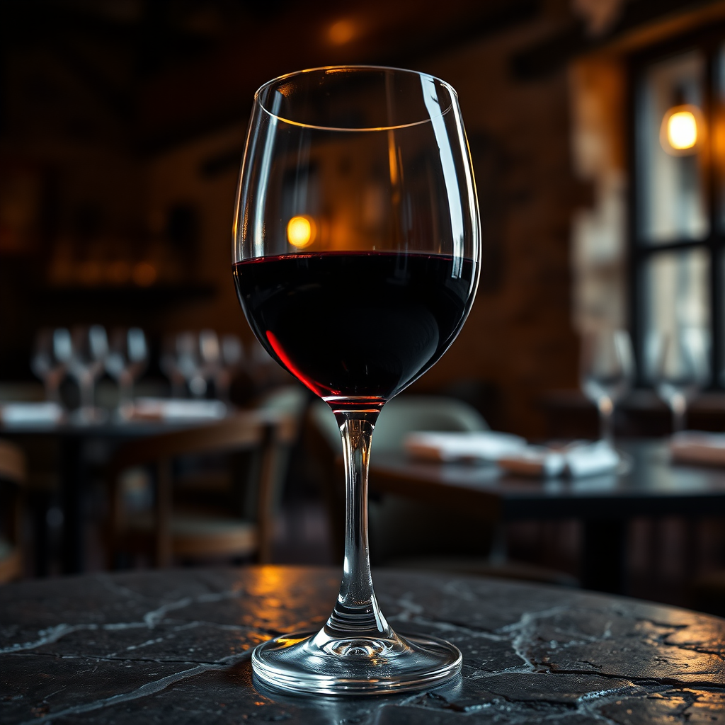 Glass of red wine on rustic table