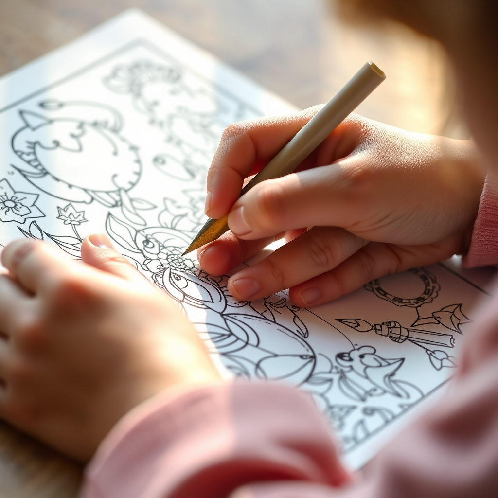 A close-up, photorealistic image showing a child's hands carefully coloring within the lines of a detailed coloring book page. The focus is on the precision and concentration of the child's movements. Natural, warm lighting illuminates the scene. The color palette is soft and inviting, emphasizing the textures of the paper and crayons.