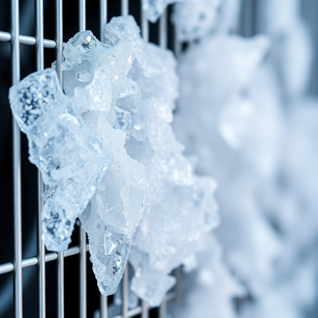 A close-up photorealistic image emphasizing ice formation on the AC unit's evaporator coil. The image should be hyperrealistic, showing the detail of the ice crystals forming on the metal coils.