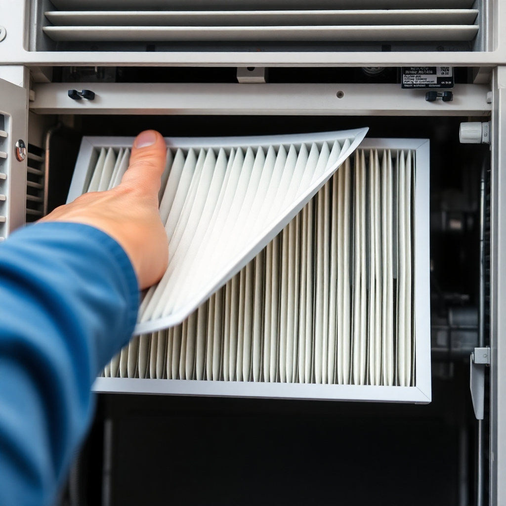 A close-up photorealistic image of a clean air filter being expertly replaced in an AC unit. Show the difference between the old and the new filter to emphasize the impact on air quality. The image should be well lit and professionally styled.