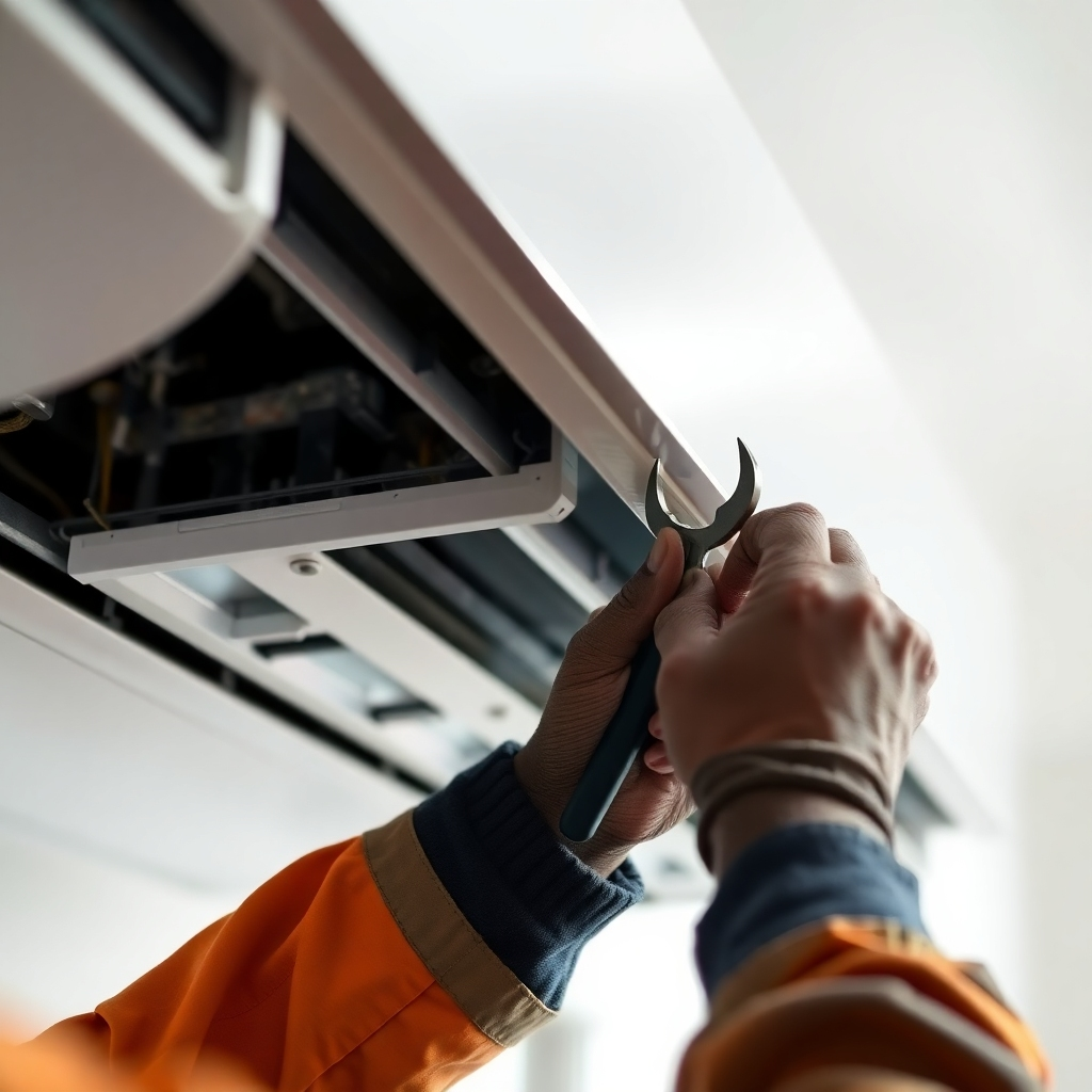 A close-up, photorealistic shot of a technician's hands expertly using tools to fix an air conditioning unit.  Lighting should highlight precision and detail. The background should be blurred but show a hint of a clean, modern space.