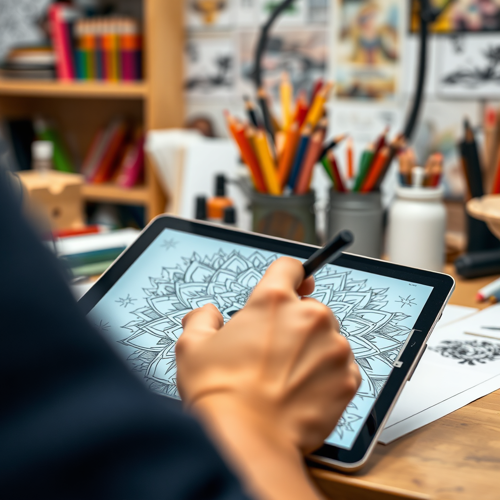 A close-up shot of a coloring book page being designed on a digital tablet, showcasing the intricate details and artistic process. The background is a blurred view of an artist's workspace filled with art supplies. The lighting is focused and professional.