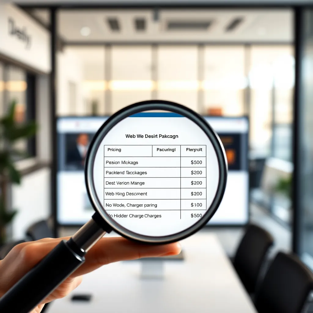 A close-up shot of a hand holding a transparent, stylized magnifying glass over a document. The document shows clear, well-organized pricing for different web design packages, with no hidden charges or fine print. The background is a blurred image of a modern office with a computer screen displaying a website mockup.